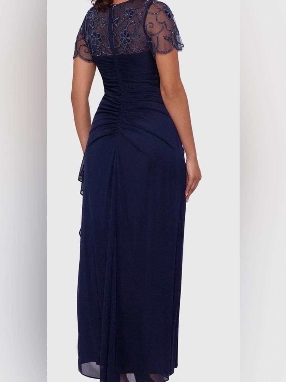 XSCAPE Dahlia Long Sheer Matte Jersey Beaded Top Dress coquette Navy Size 12 - Picture 9 of 15
